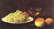 Otto Scholderer, Stilleben mit Trauben auf einer Porzellanschale, zwei Pfirsichen und gefulltem Sherryglas